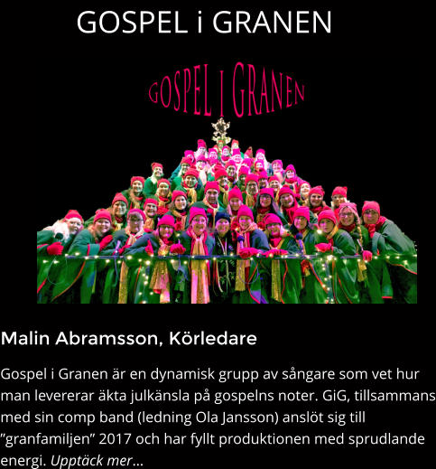 GOSPEL i GRANEN  Malin Abramsson, Körledare Gospel i Granen är en dynamisk grupp av sångare som vet hur  man levererar äkta julkänsla på gospelns noter. GiG, tillsammans med sin comp band (ledning Ola Jansson) anslöt sig till ”granfamiljen” 2017 och har fyllt produktionen med sprudlande energi. Upptäck mer…